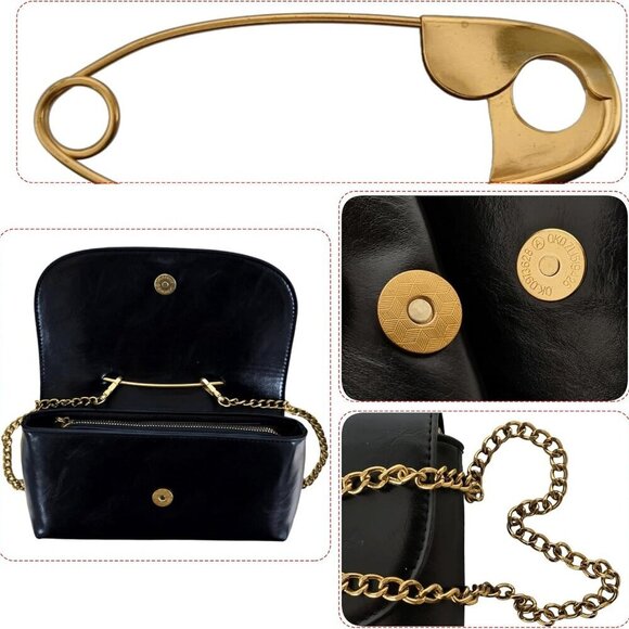 Women's Small Black Soft Pin Shaped Vegan Leather Crossbody Purse Bag with Gold - Picture 5 of 7